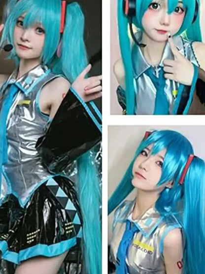 Aqua anime ponytail wig side profile showing full length and adjustable cap fit