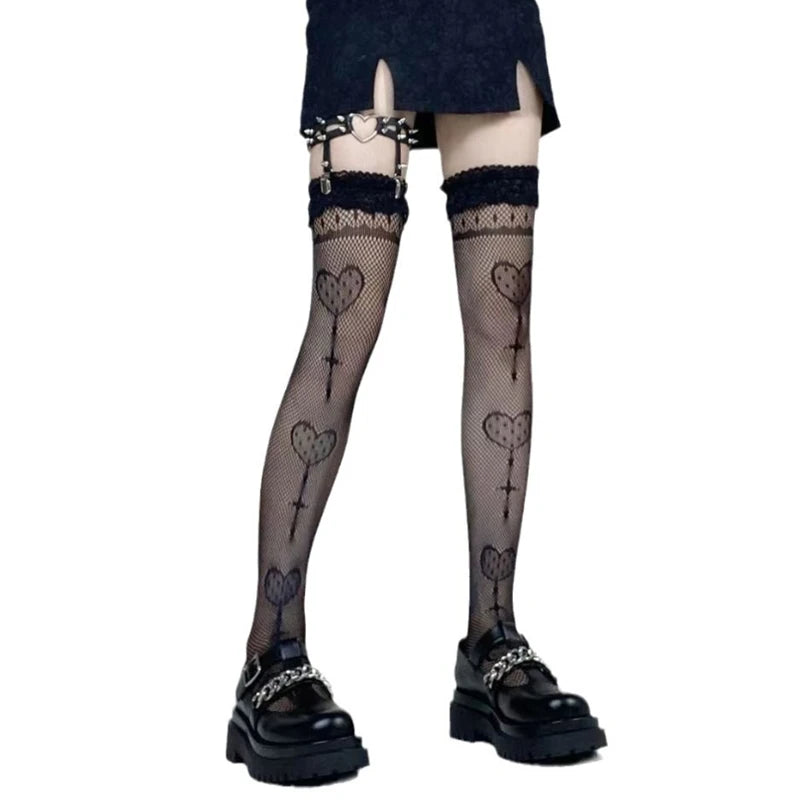 Sweet girl lace frilly fishnet socks worn in Harajuku-inspired kawaii outfit
