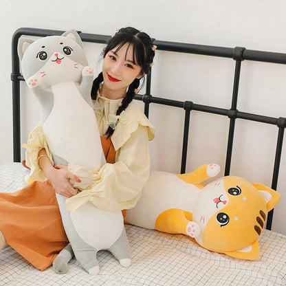 Long cat plush toy 70 cm size held by person showing scale