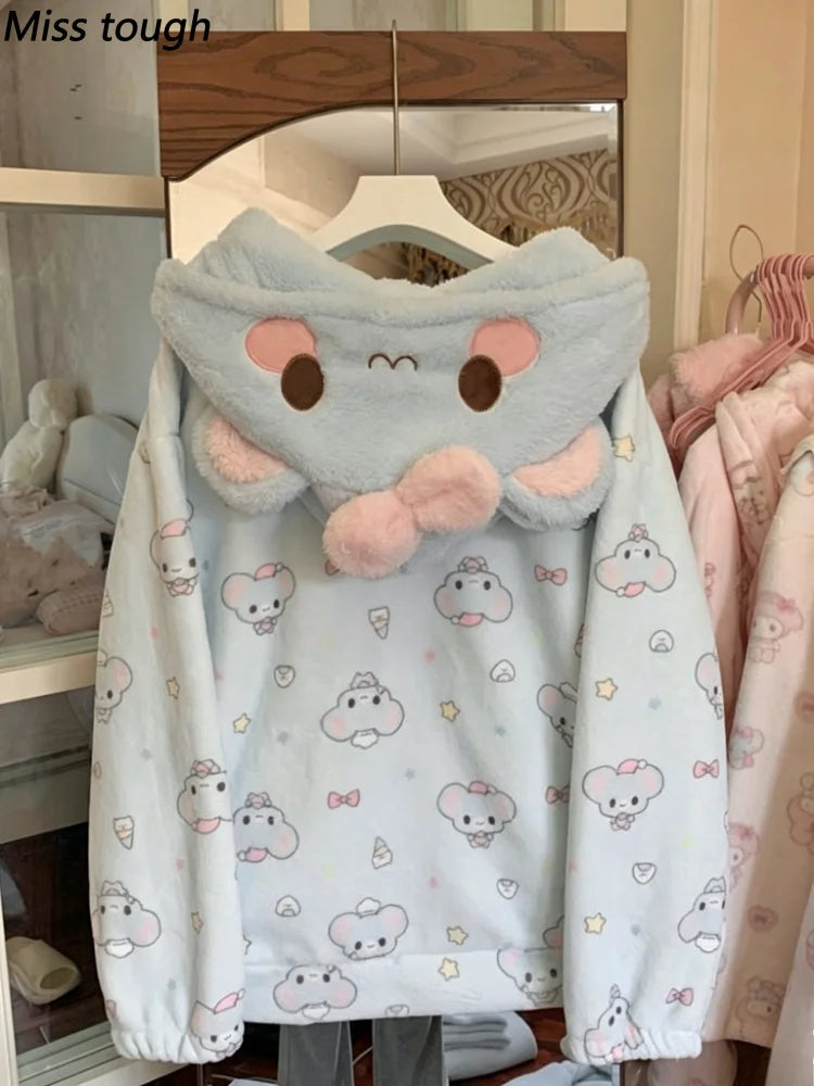 Women's kawaii Harajuku hoodie coat with faux collar detail, full-length zip