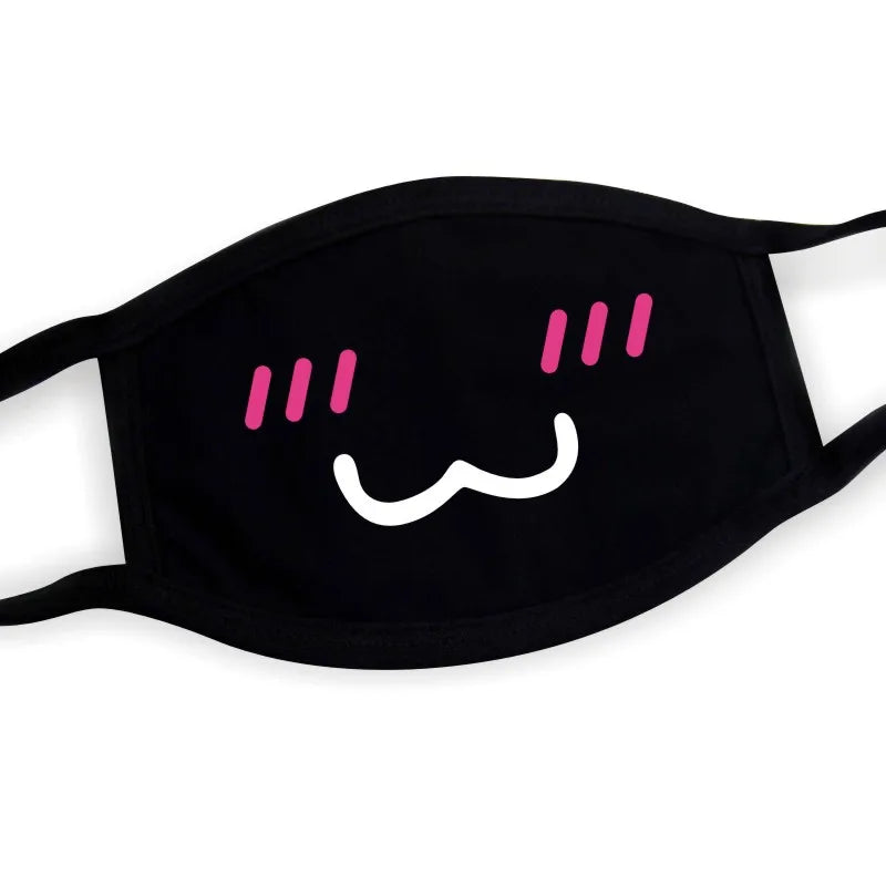 Kawaii anime face mask with wobbly W smile print, black unisex Harajuku style