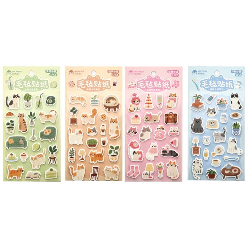 Four Mr.Paper kawaii cat journaling sticker packs arranged by cat design