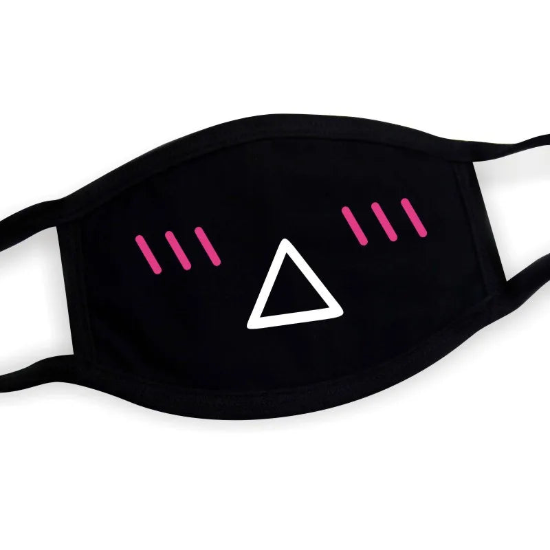Black triangle muzzle kaomoji face mask with bold anime expression print, unisex Harajuku style