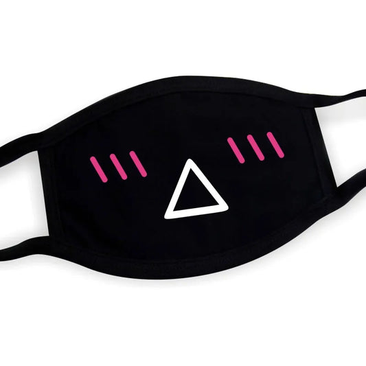 Black triangle muzzle kaomoji face mask with bold anime expression print, unisex Harajuku style