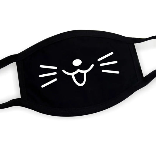 Black kawaii kitty face mask with neko-guchi cat tongue anime mouth print, adjustable ear loops, one size