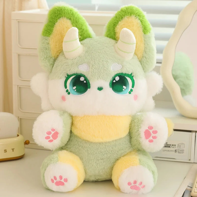 Green kawaii fox plush pillow full body view kitsune stuffed animal