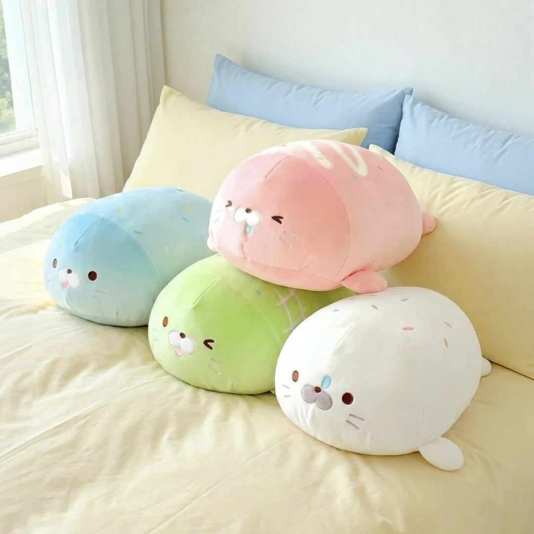 Kawaii seal plush toy in blue, 38cm front view, short-pile polyester shell