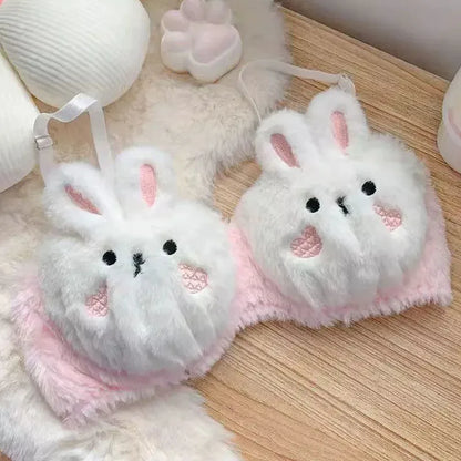 Kawaii plush bra embroidered bunny motif close-up on polyester knit base