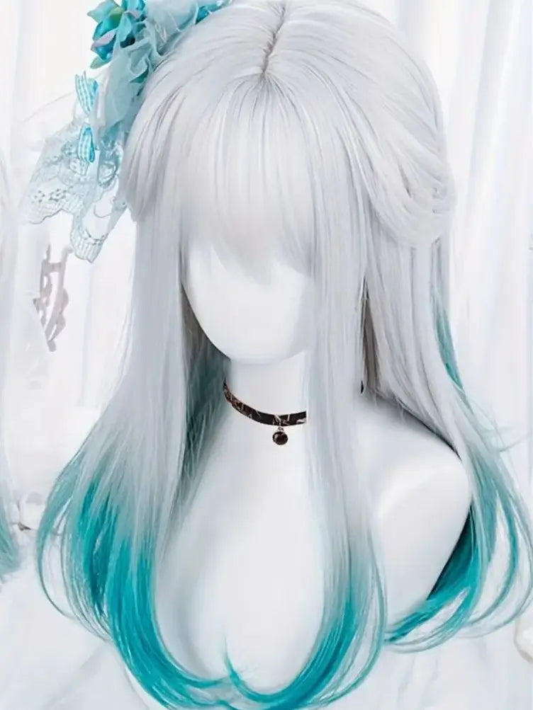 White teal ombre synthetic wig styled for Harajuku kawaii fashion shoot blunt fringe