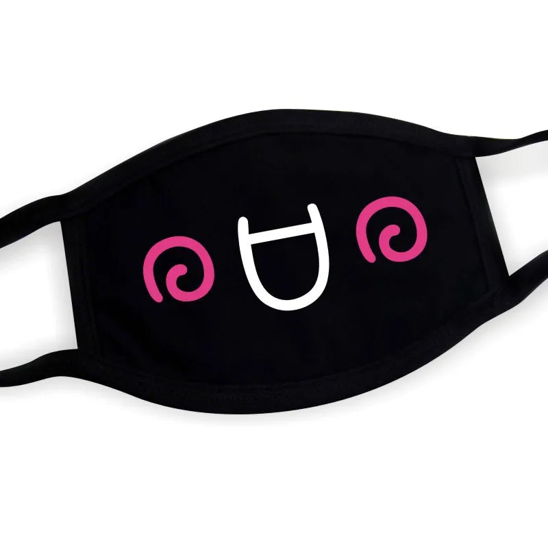 Black kaomoji face mask with swirly grin graphic, adjustable loops, unisex kawaii design for Harajuku and cosplay