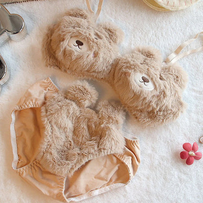 Kawaii bear bra set coffee colorway front detail bear embellishment