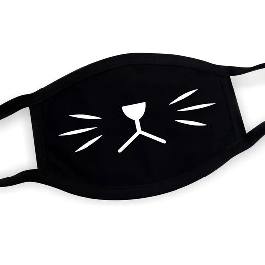 Black kawaii whisker face mask with bold neko print, two-layer breathable fabric, adjustable nose bridge
