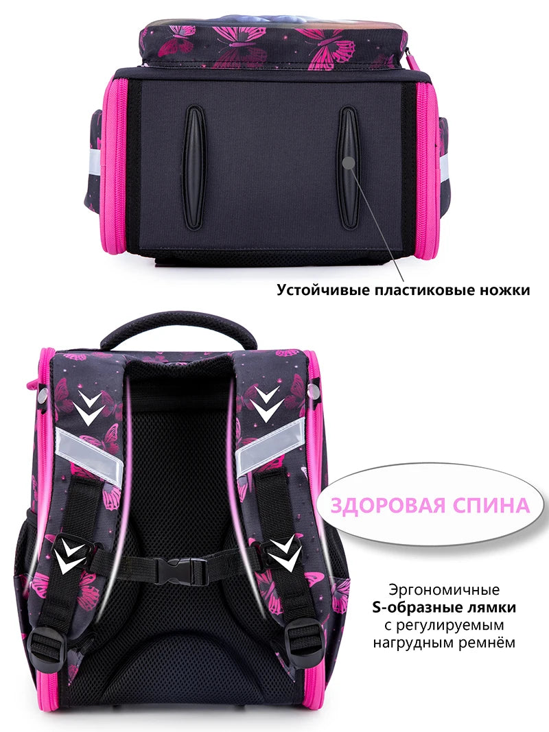 Kawaii animal print pattern close-up on nylon school backpack for primary school girls