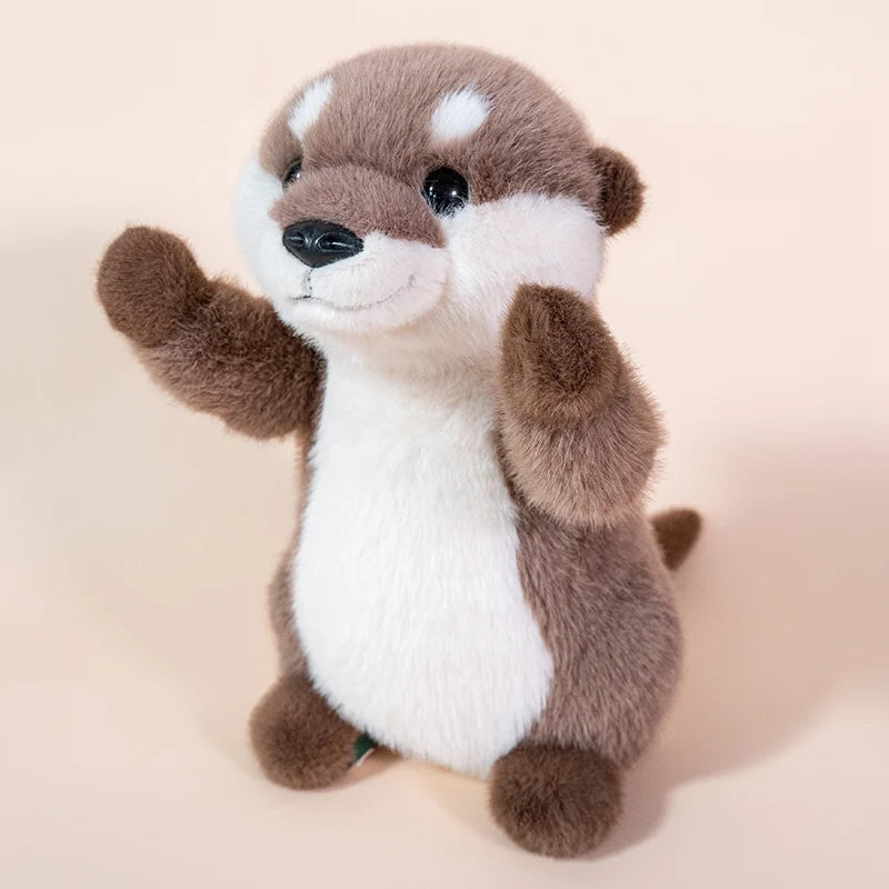 25cm and 35cm kawaii otter plush toys side by side on wooden shelf for size comparison