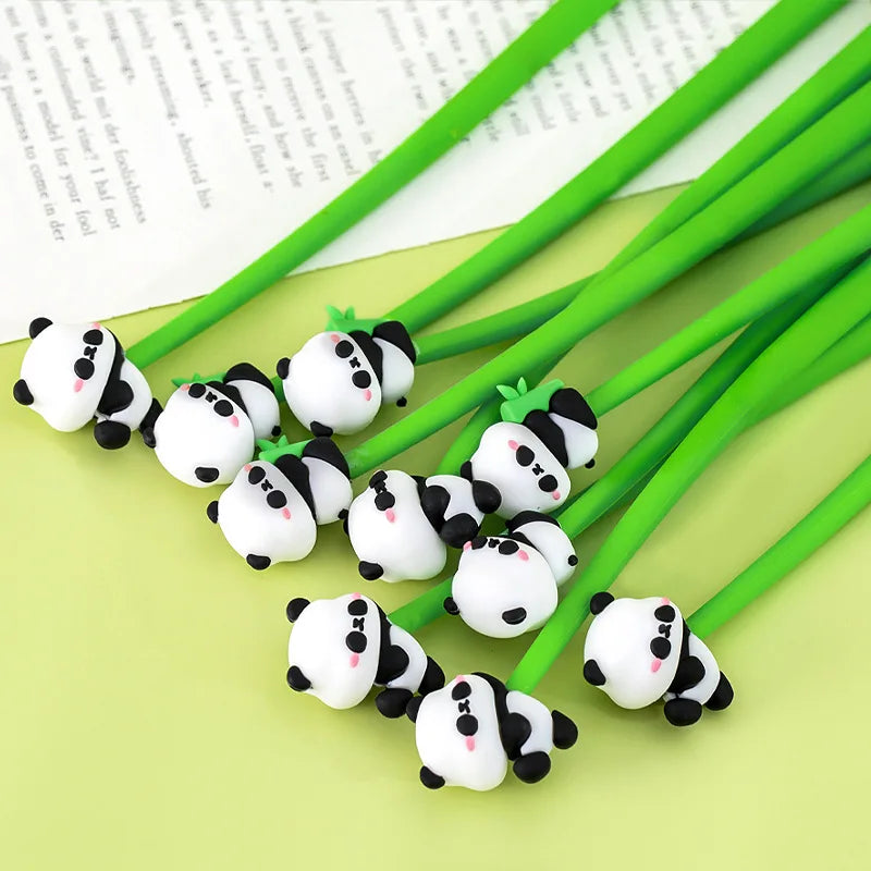Ten kawaii panda pens laid flat showing assorted barrel colors in the set
