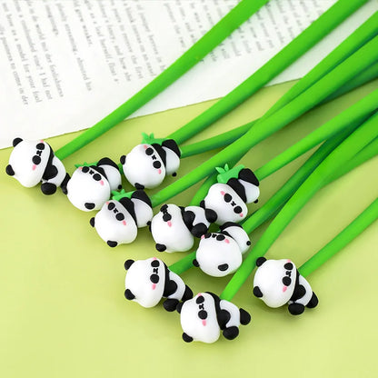 Ten kawaii panda pens laid flat showing assorted barrel colors in the set