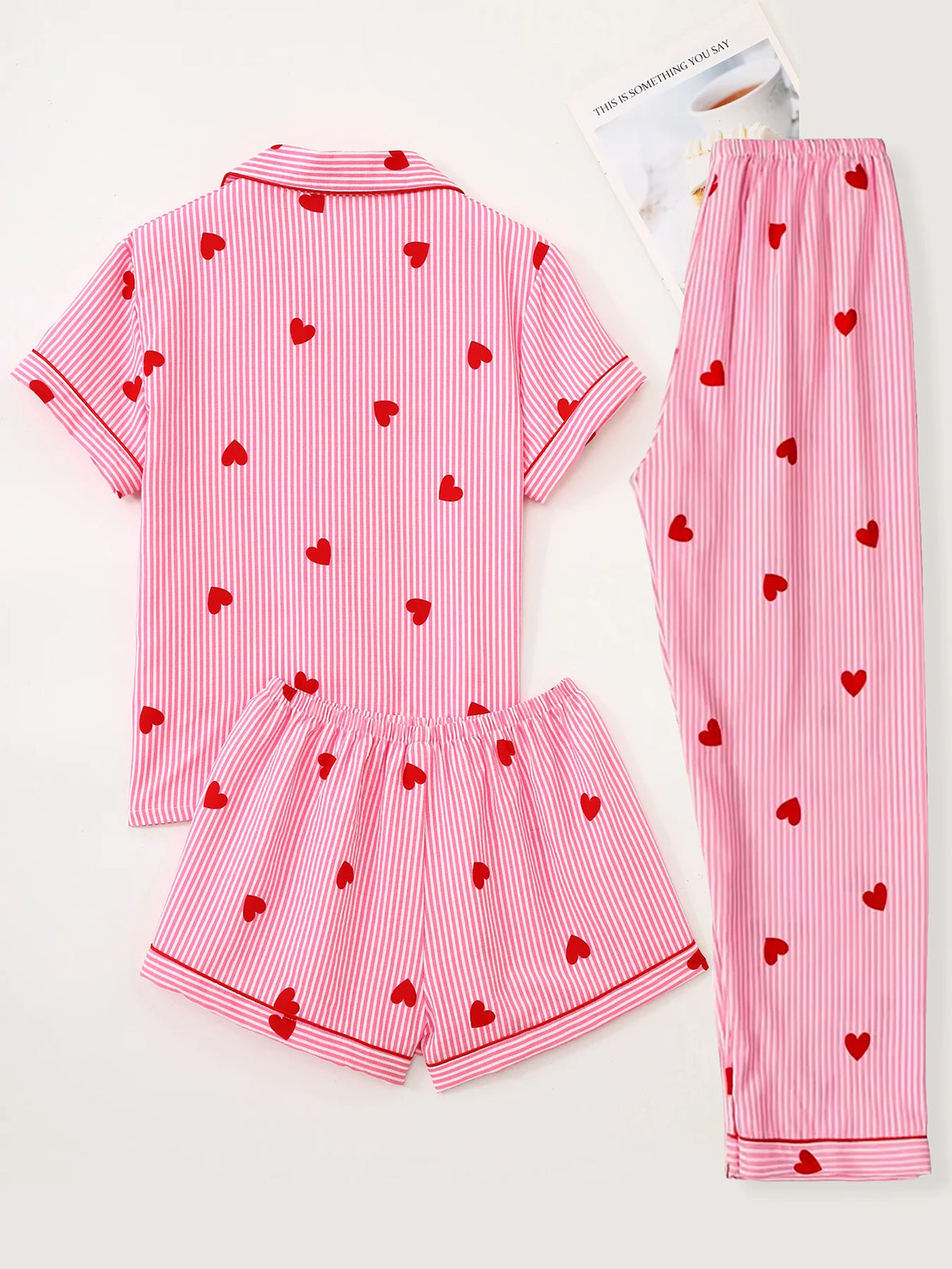 Cute print kawaii pajama set showing short-sleeve top and matching shorts