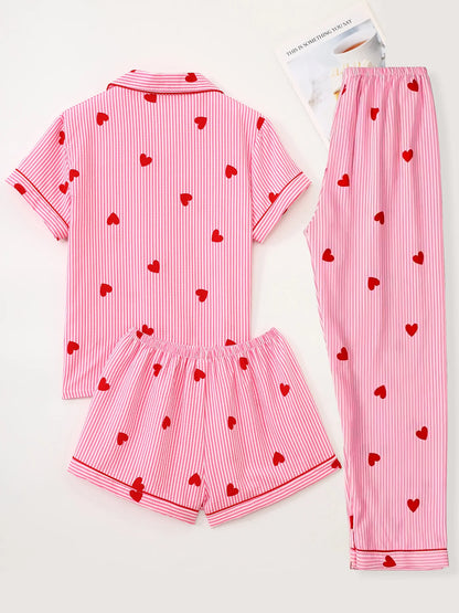 Cute print kawaii pajama set showing short-sleeve top and matching shorts