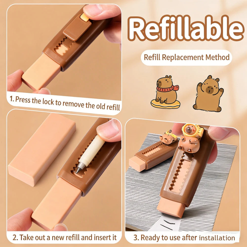 Cute cartoon capybara rubber eraser retracted position full character visible
