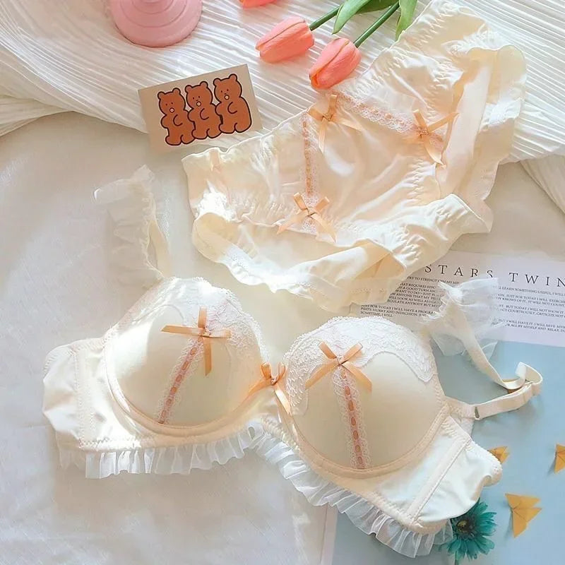 Pink lace Japanese lingerie set side profile showing molded cup shape