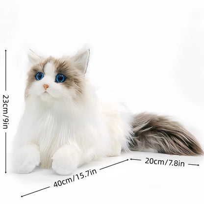 Realistic plush cat toy shown next to child for scale and comfort context