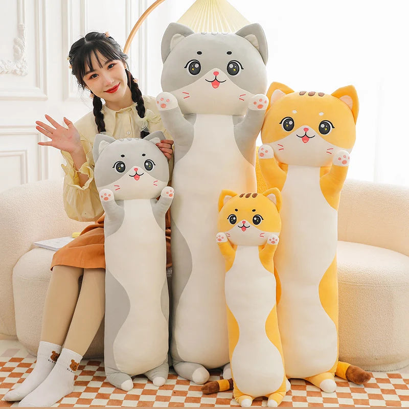 Kawaii long cat plush pillow full length view on white background