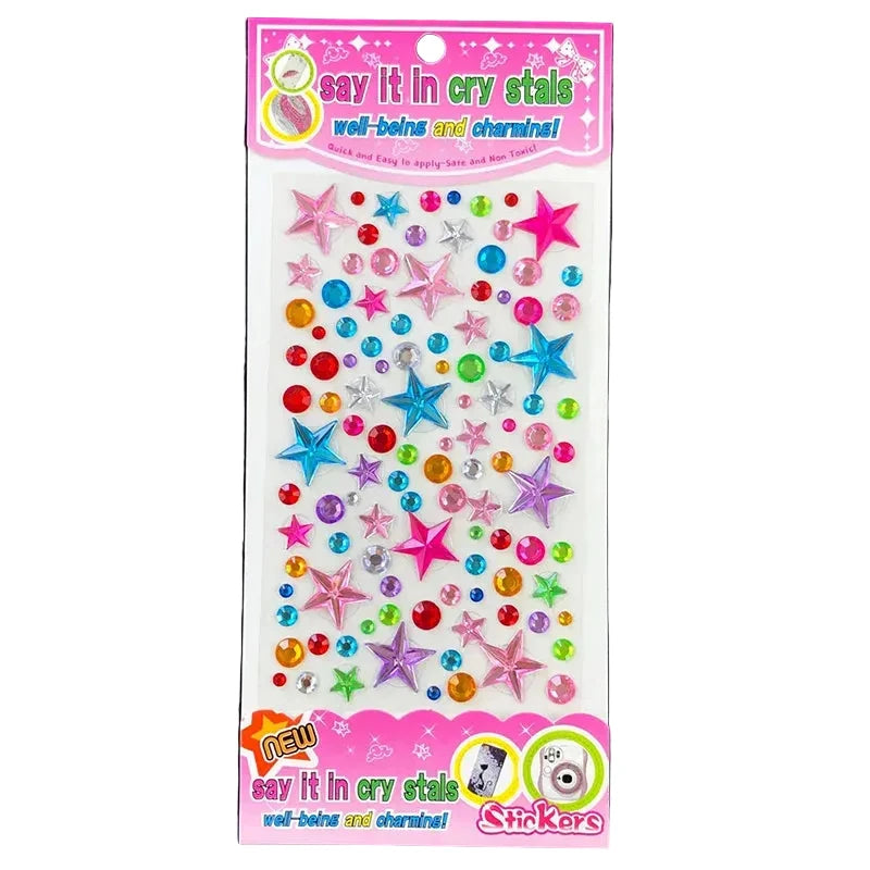 Close-up of 3D faceted acrylic gem stickers showing love flower and heart shapes