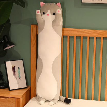 Four sizes of kawaii long cat plush pillow 50 70 90 110 cm side by side