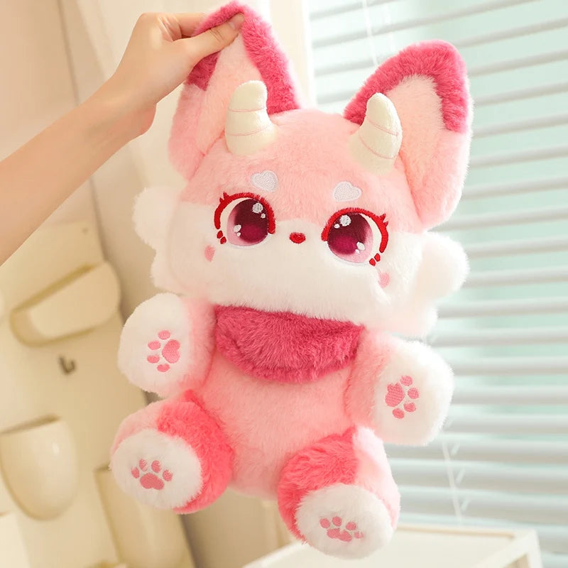 Blue kawaii phantom fox plush pillow embroidered face detail close-up