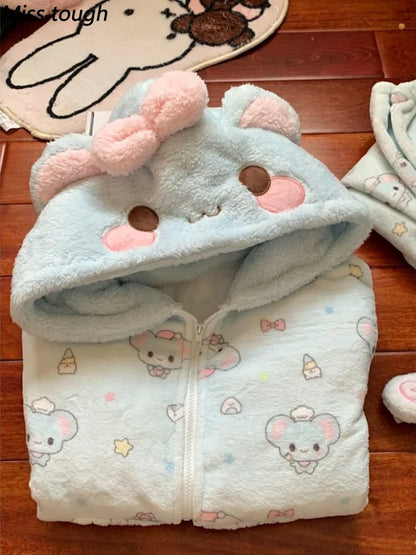 Back view of women's kawaii coral fleece hoodie coat, autumn winter streetwear