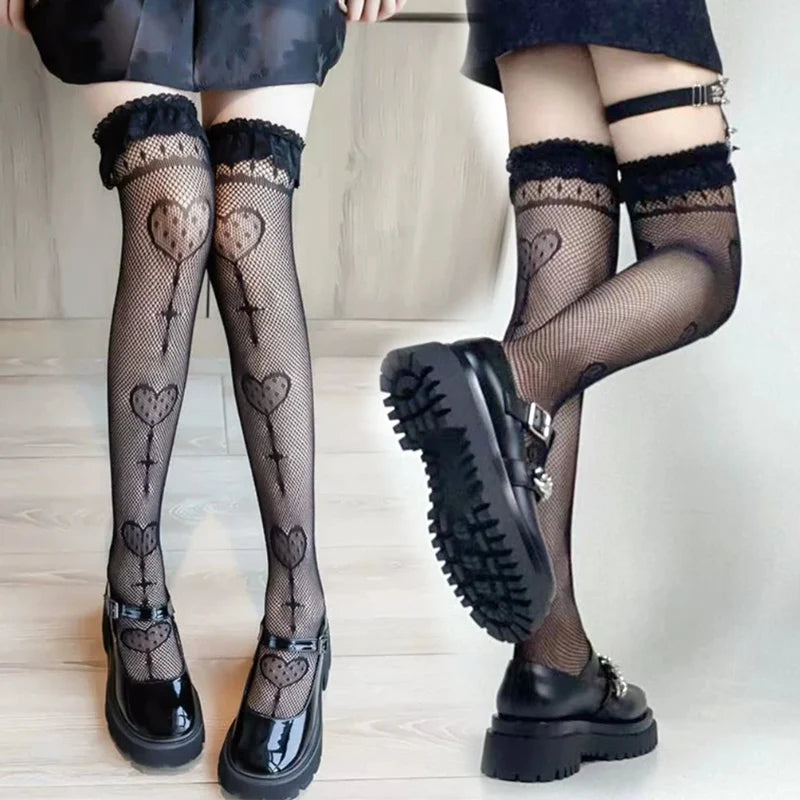 Kawaii frilly ruffle knee socks worn with Mary Jane shoes, JK sweet style