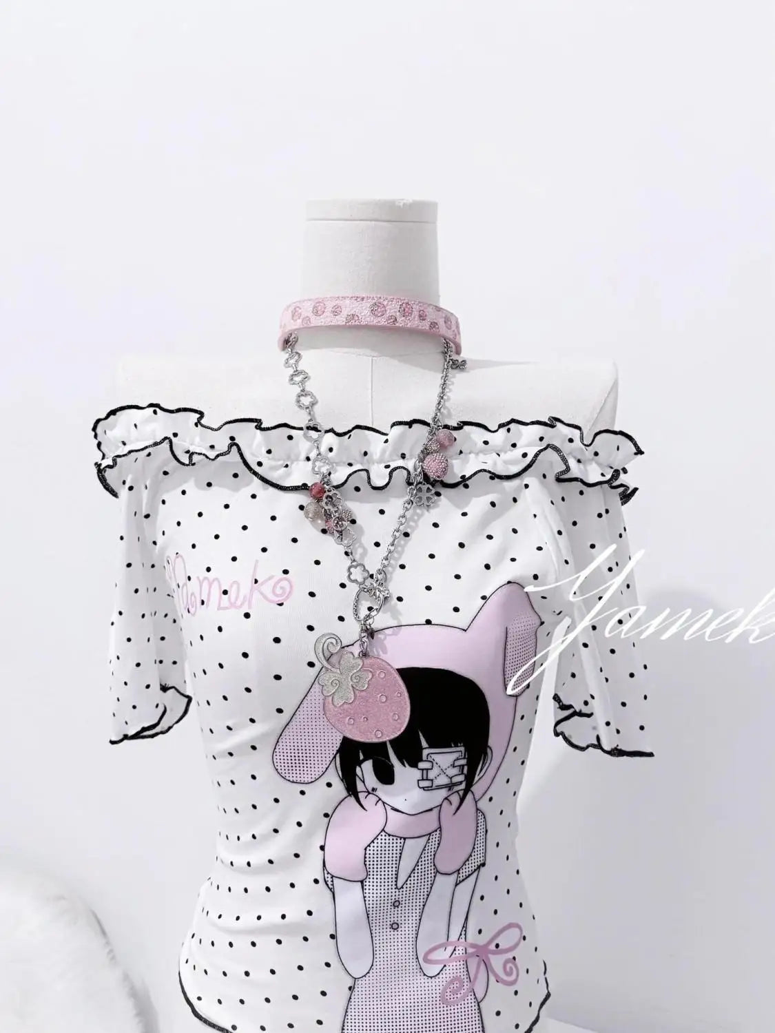 Y2K kawaii ruffle T-shirt back view, polka dot pattern, Harajuku women top