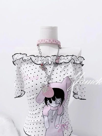 Y2K kawaii ruffle T-shirt back view, polka dot pattern, Harajuku women top
