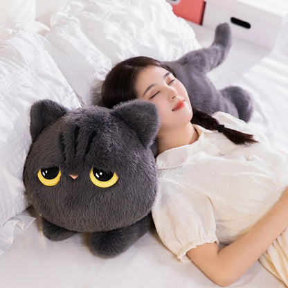 Black kawaii cat plush toy close-up showing short-pile fabric texture