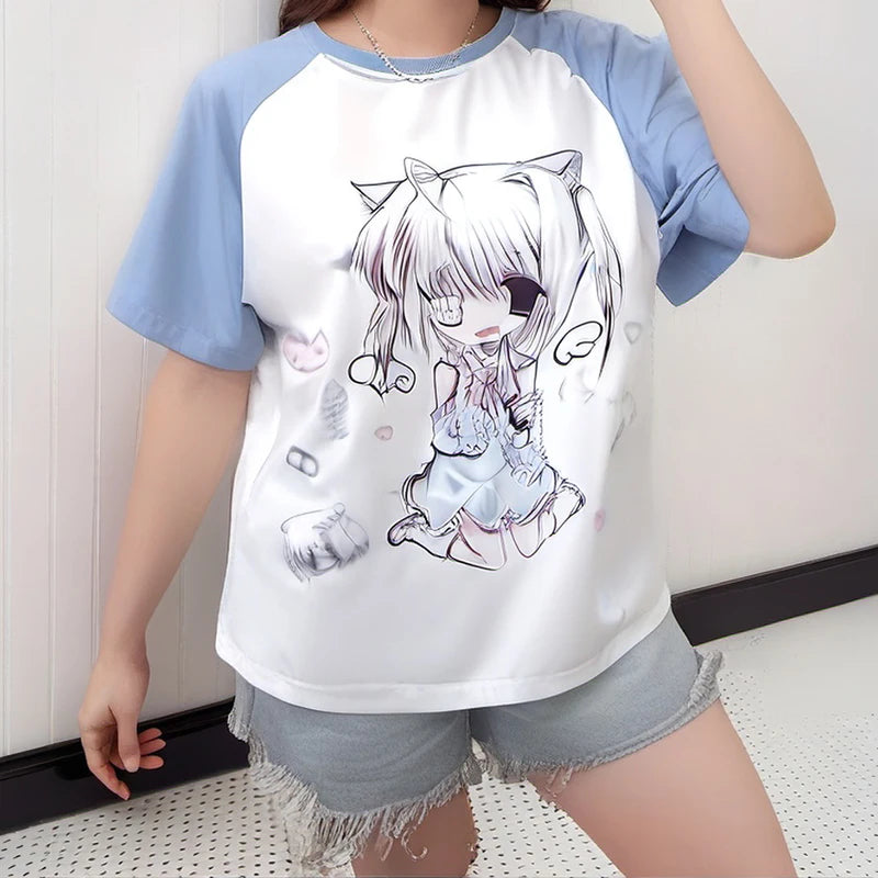 Kawaii Harajuku cartoon print tee front view anime graphic Y2K style