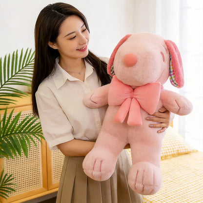 Kawaii Snoopy stuffed puppy doll blush pink velvet close-up texture detail