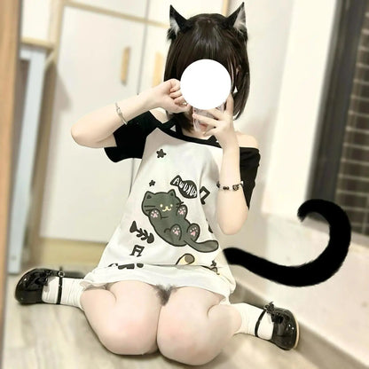 Japanese patchwork off-shoulder kawaii cat tee front view, Y2K graphic print