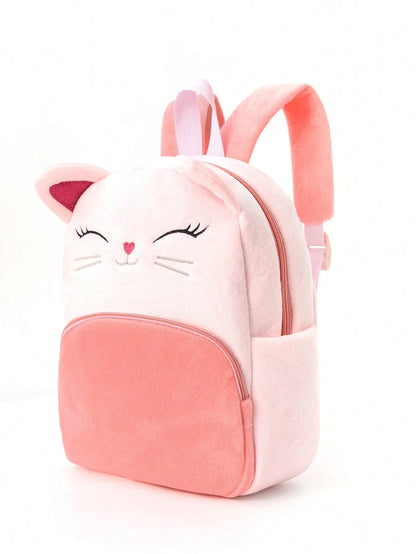 Kawaii animal plush backpack flat lay with school supplies