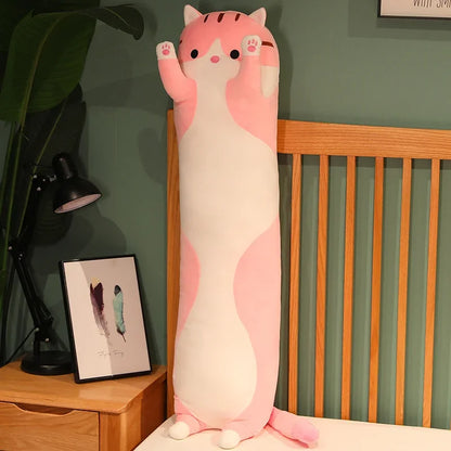 Long cat hug pillow in kawaii bedroom decor setting