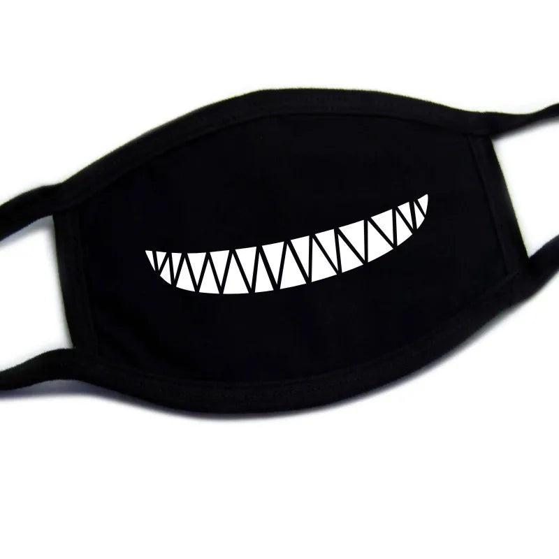 Kawaii teeth face mask with sharp grin print on black breathable fabric, adjustable unisex fit for Harajuku and cosplay