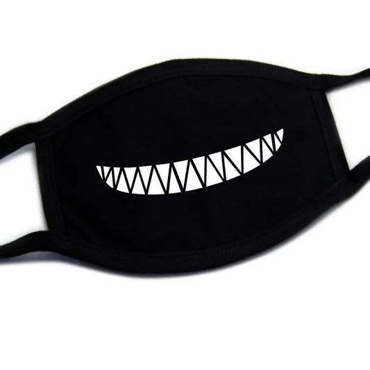 Kawaii teeth face mask with sharp grin print on black breathable fabric, adjustable unisex fit for Harajuku and cosplay