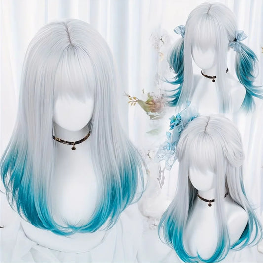White teal ombre lolita wig straight blunt bangs front view 120% density