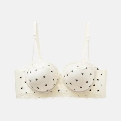 Kawaii heart lace lingerie set flat lay, pink and champagne options side by side
