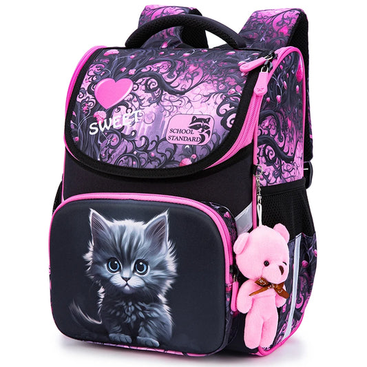 Kawaii orthopedic school backpack for girls with animal print nylon, front view