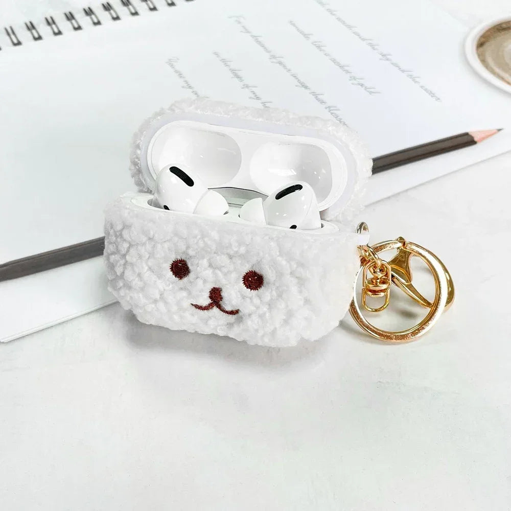 Brown fluffy dog AirPods Pro USB-C silicone case on white background