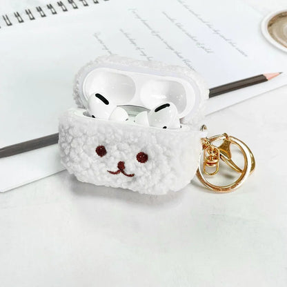 Brown fluffy dog AirPods Pro USB-C silicone case on white background