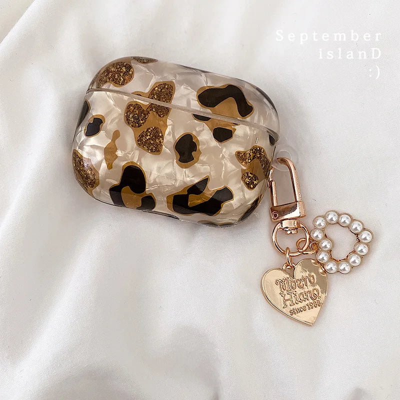 Electroplated pearl accent detail on kawaii leopard AirPods Pro case