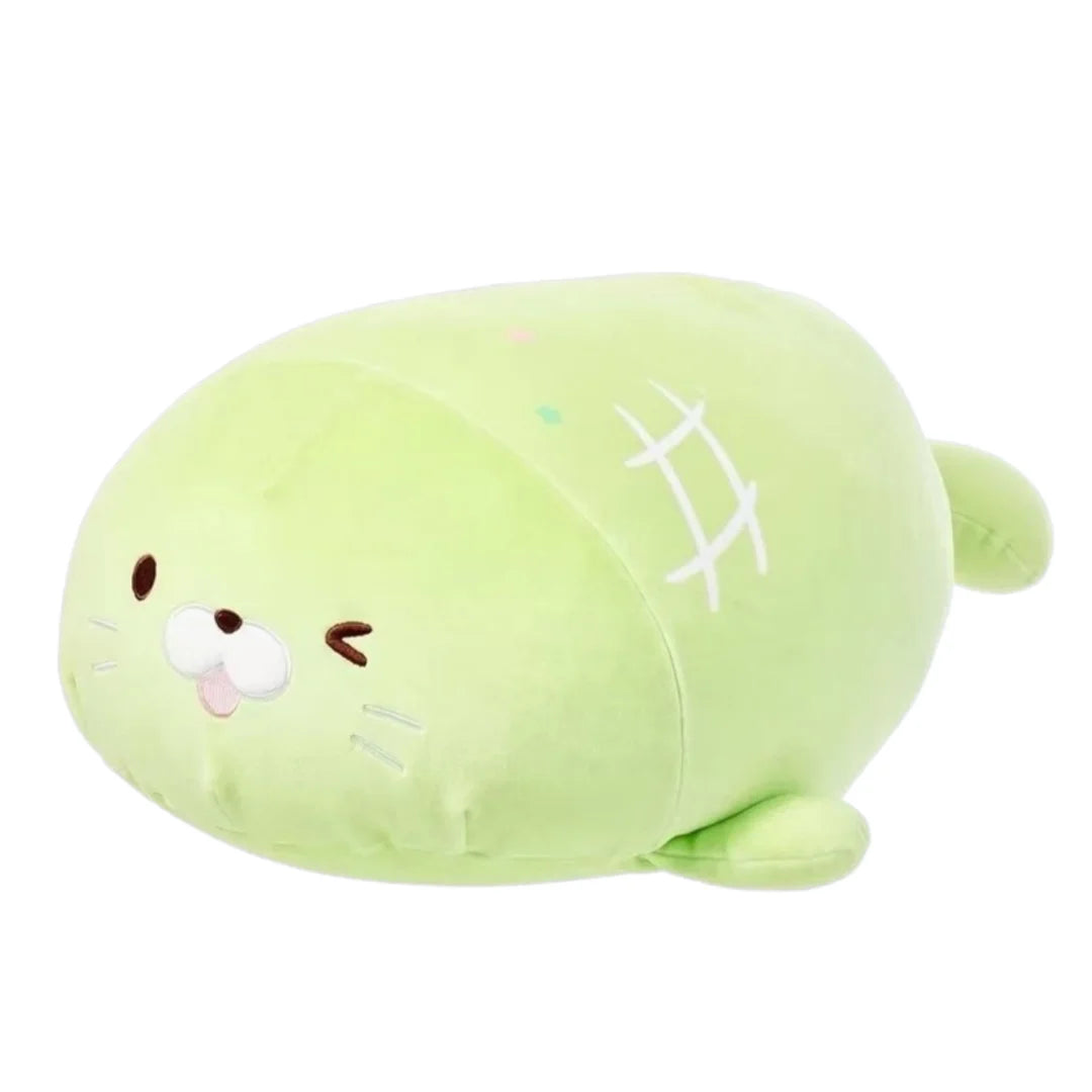 Kawaii seal plush toy on bedroom shelf alongside kawaii room decor accessories