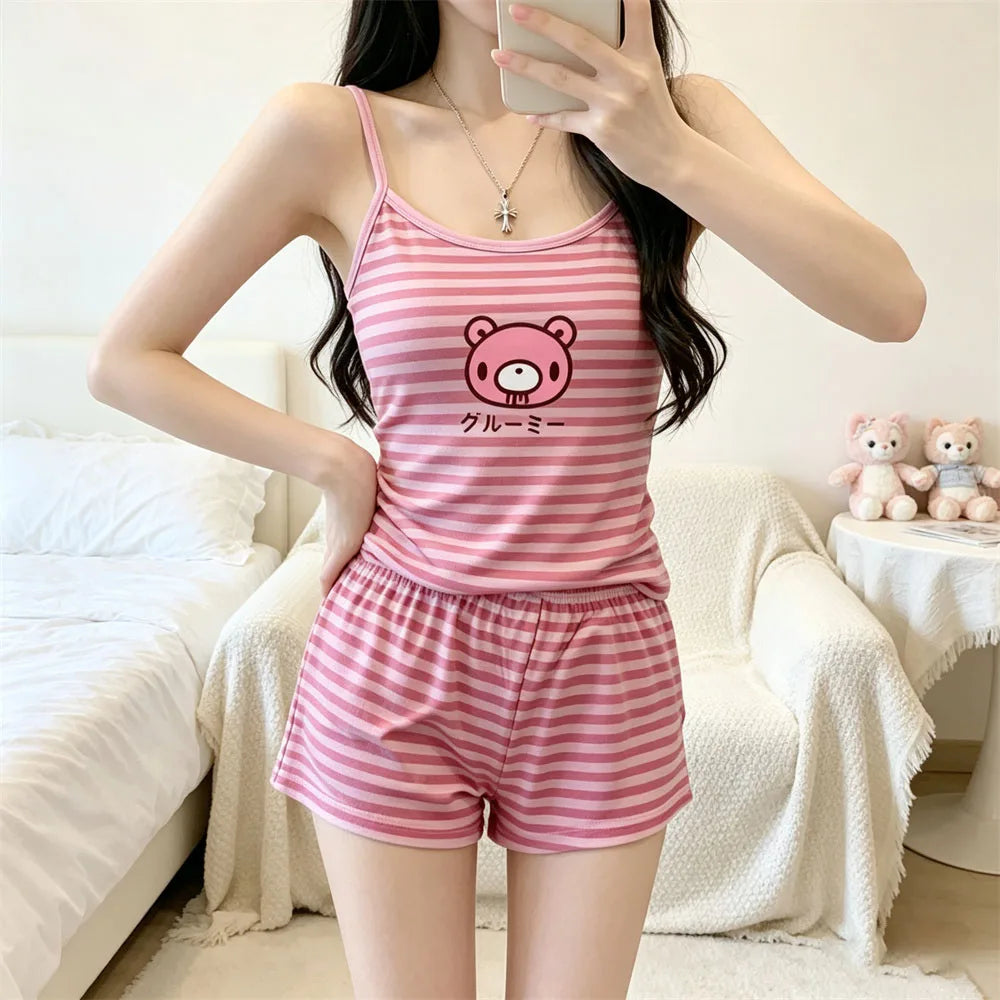 Cute Japanese loungewear set pink cartoon stripe pattern detail