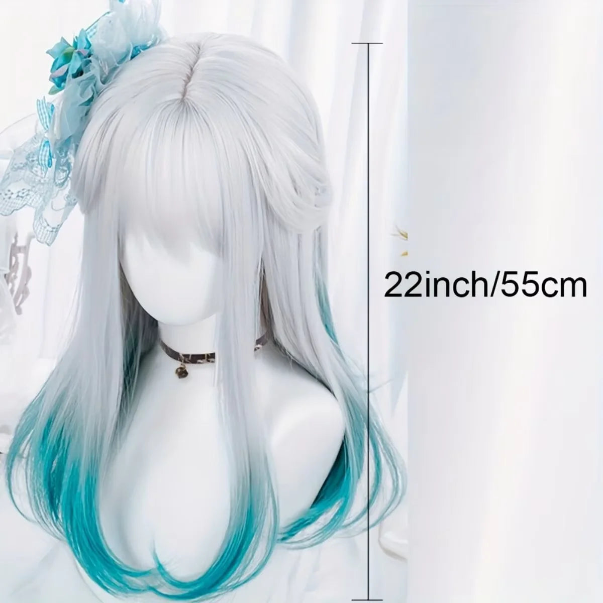 White to teal gradient synthetic wig side profile showing ombre color fade and length